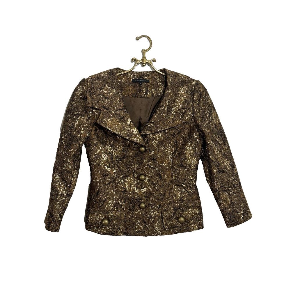 David Meister Women Blazer Size 4 Wool Silk Blend Brown Gold Blazer